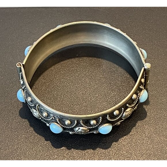 Silvertone Tibet Hinged Bangle Bracelet With Faux Turquoise - Picture 9 of 10